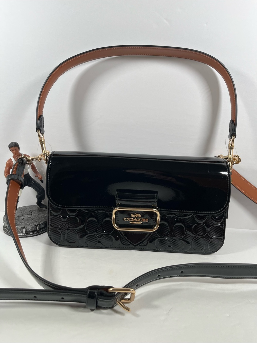 NWT Coach Black Patent Leather Shoulder Bag with long and short straps